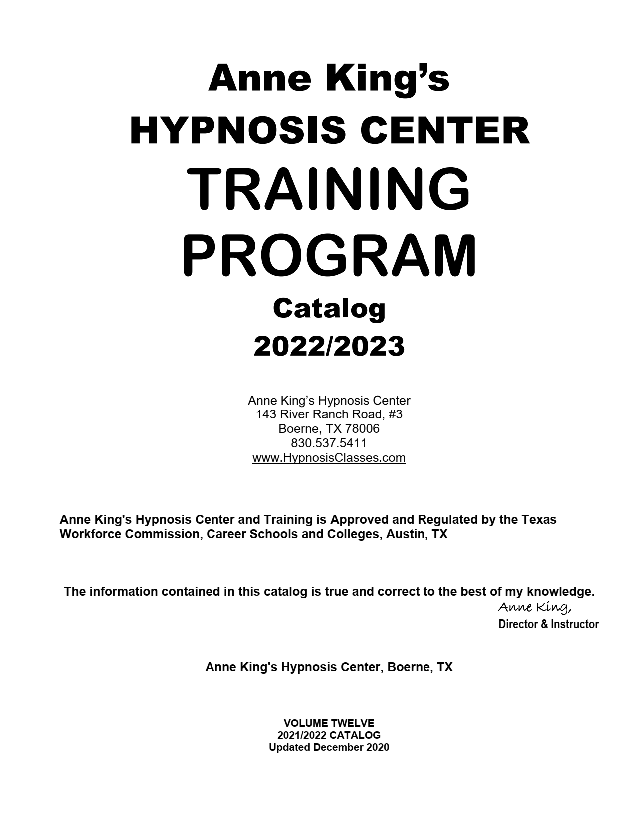 Ann King Hypnosis Course Catalog